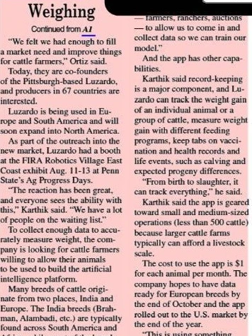 The Lancaster Farming article about Luzardo in print, headed “Weighing, continued from A1”